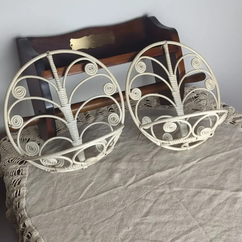 Vintage White Wicker Wall Pockets Set of Two Cottagecore Fairy Garden Wall Decor